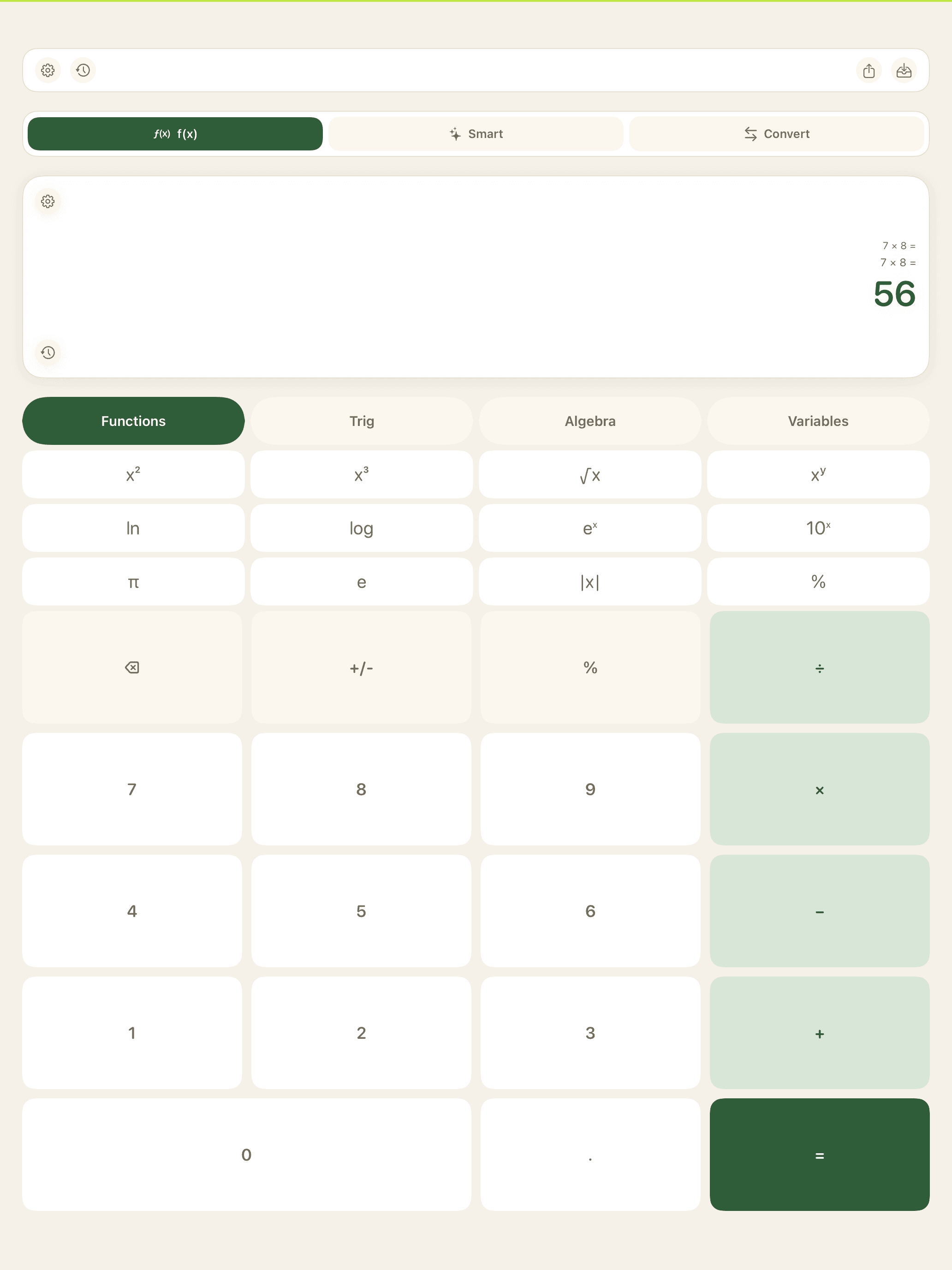Calculadora científica mostrando siete por ocho igual a cincuenta y seis
