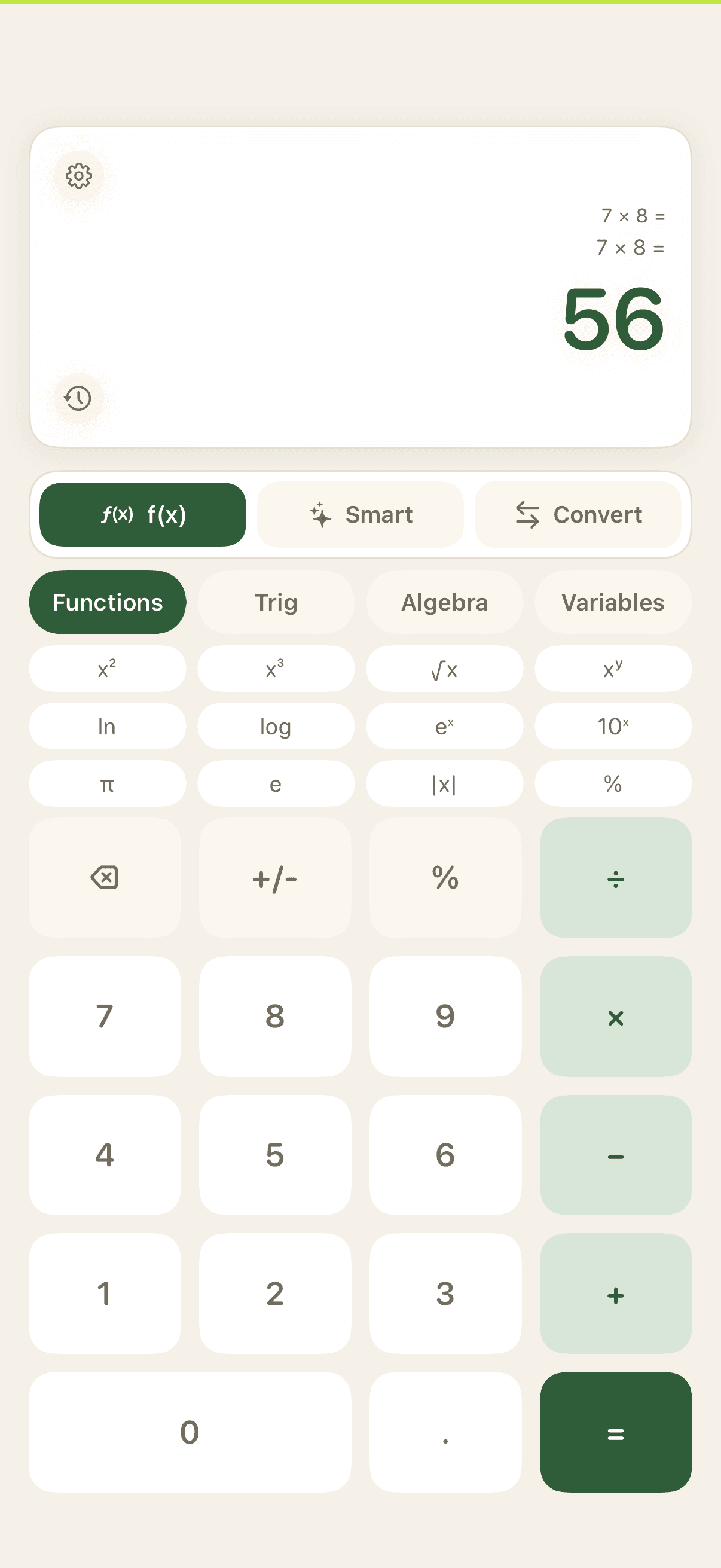 Calculadora científica mostrando siete por ocho igual a cincuenta y seis