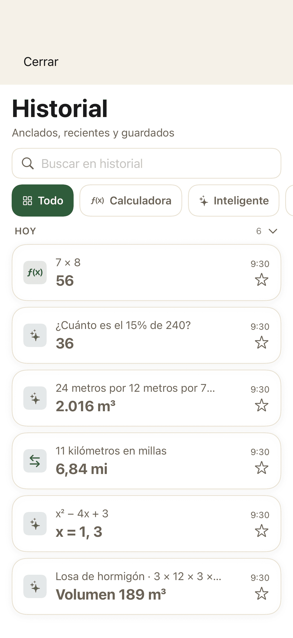 Historial con resultados de calculadora, Smart y conversiones