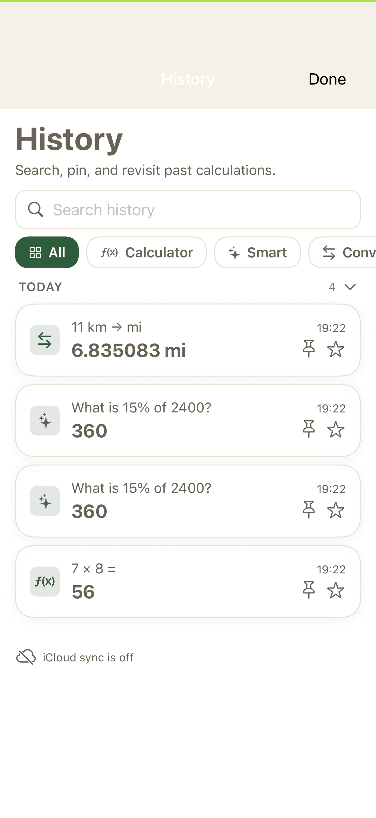 Historial con resultados de calculadora, Smart y conversiones