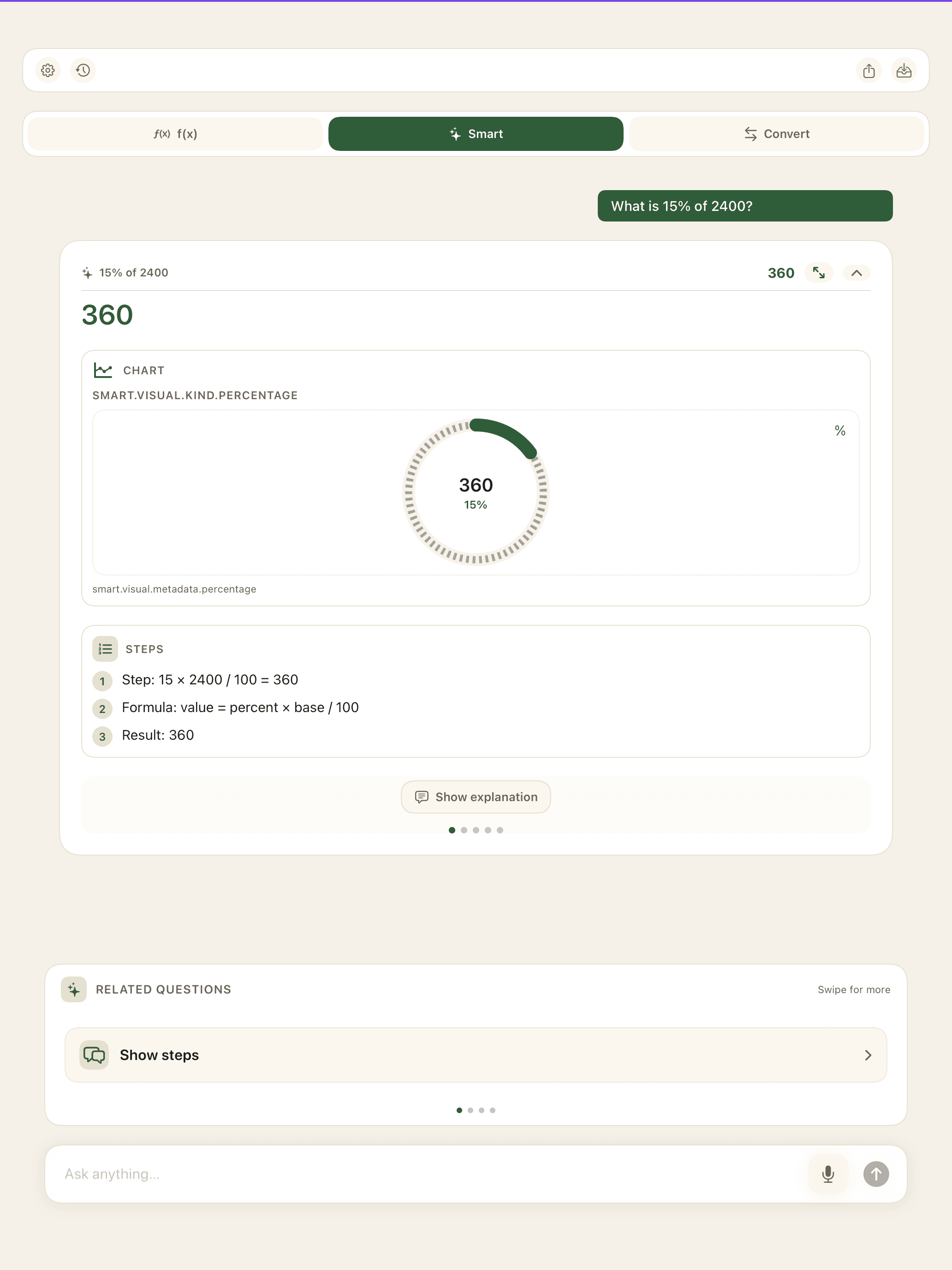 Smart responde cuánto es el quince por ciento de dos mil cuatrocientos con 360, un gráfico porcentual y los pasos